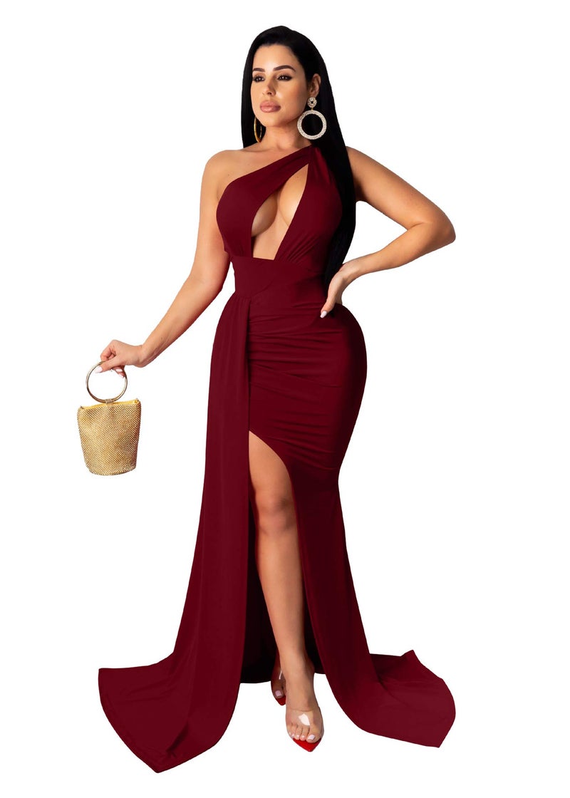 LAGSHIAN Women Sexy Elegant One Shoulder High Split Cutout Long Evening Dress Wine Red - Image 3
